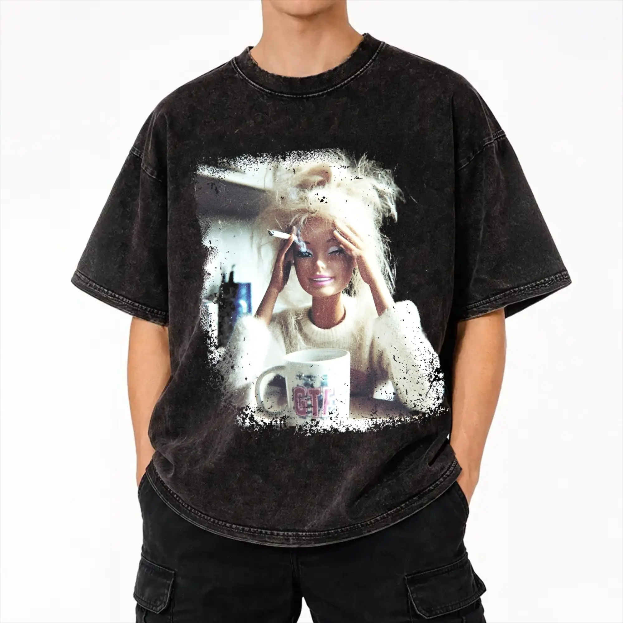 Blonde Doll Disheveled Doll Washed T Shirts Streetwear Hip Hop Fashion T-Shirt  Tee Shirt for Men Women 100% Cotton Streetwear