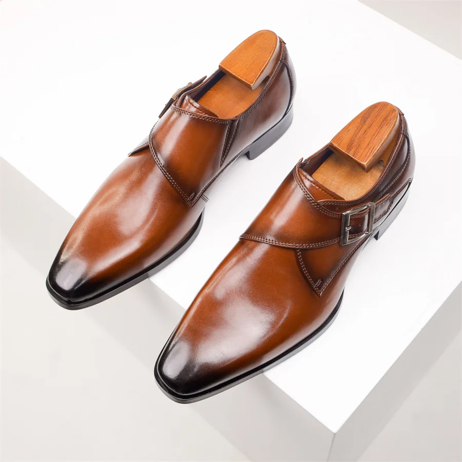 Newest Men\'s Cow Leather Shoes Buckle Pointed Dress Shoes Men Classic Business Formal Social Office Party Wedding Shoes