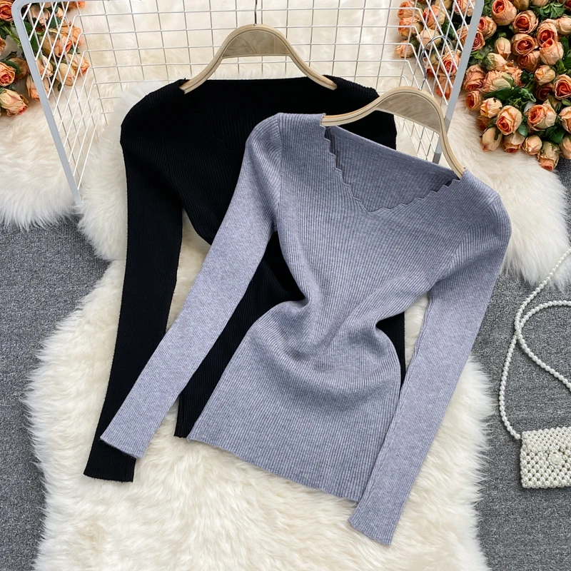 

2023 Autumn Winter V-neck Elastic Knitted Bottom Shirt for Women Underwear Slim Fit Spring Sweater Women Long Sleeved Short Top