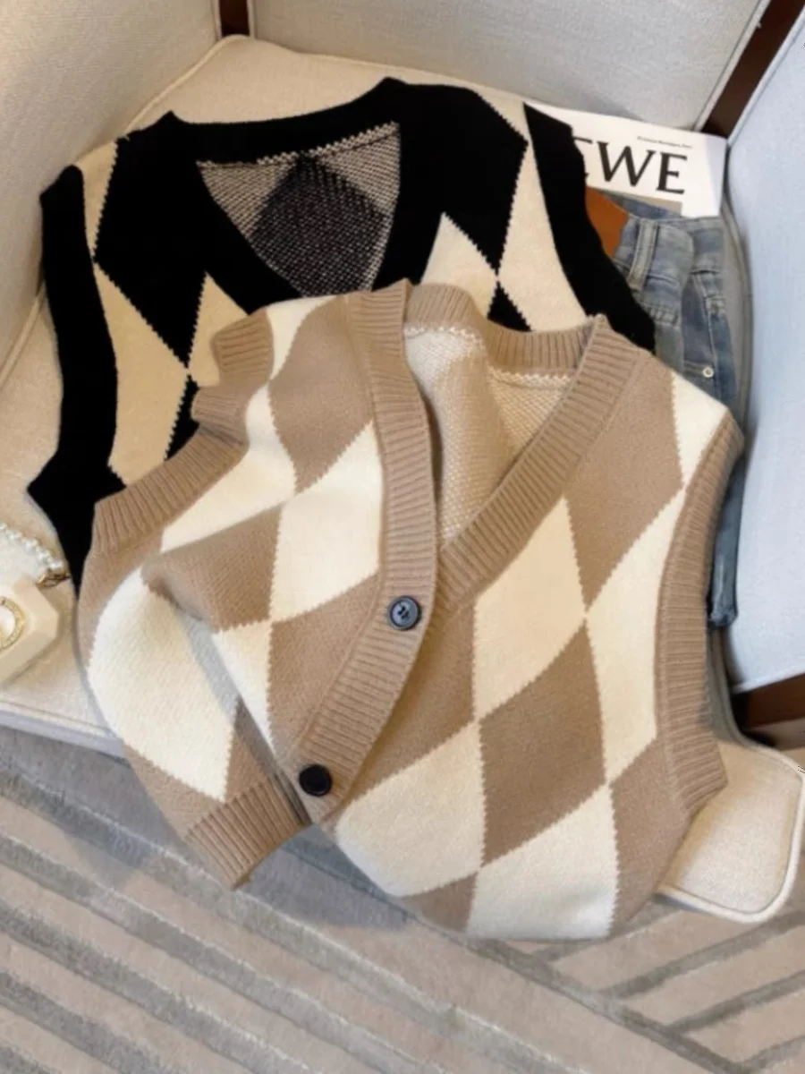 

Женский вязаный открытый кардиган с V-образным вырезом, жилет, осень-зима, черный, с белыми бриллиантами, многослойная верхняя одежда, модная