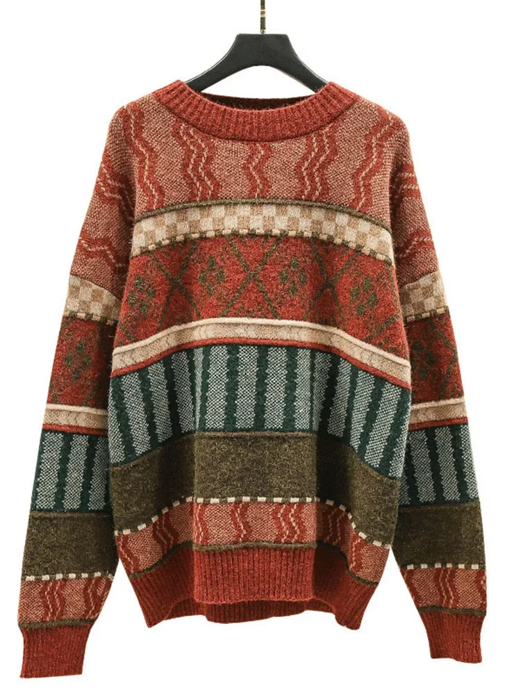 Jesienno-zimowy sweter damski w stylu skandynawskim wokół szyi Retro żakardowy sweter sweter nowe luźne swetry z dzianiny LL298