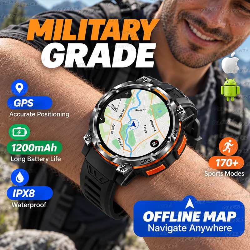 New Outdoor Military Offline Map Smart Watch Built-in 1200mAh Battery GPS Navigation IPX8 Waterproof 170+ Sports Smartwatch Men