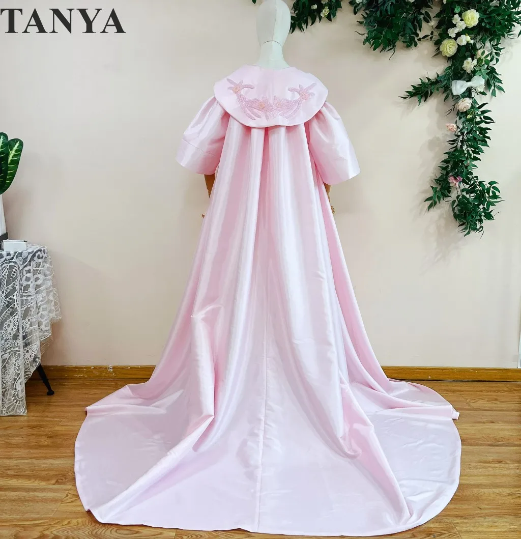 Cape de mariage longue en taffetas rose pour femme, demi manches, perles, soirée, veste Lont, tenue de ligne A, manteau pour femme, costume