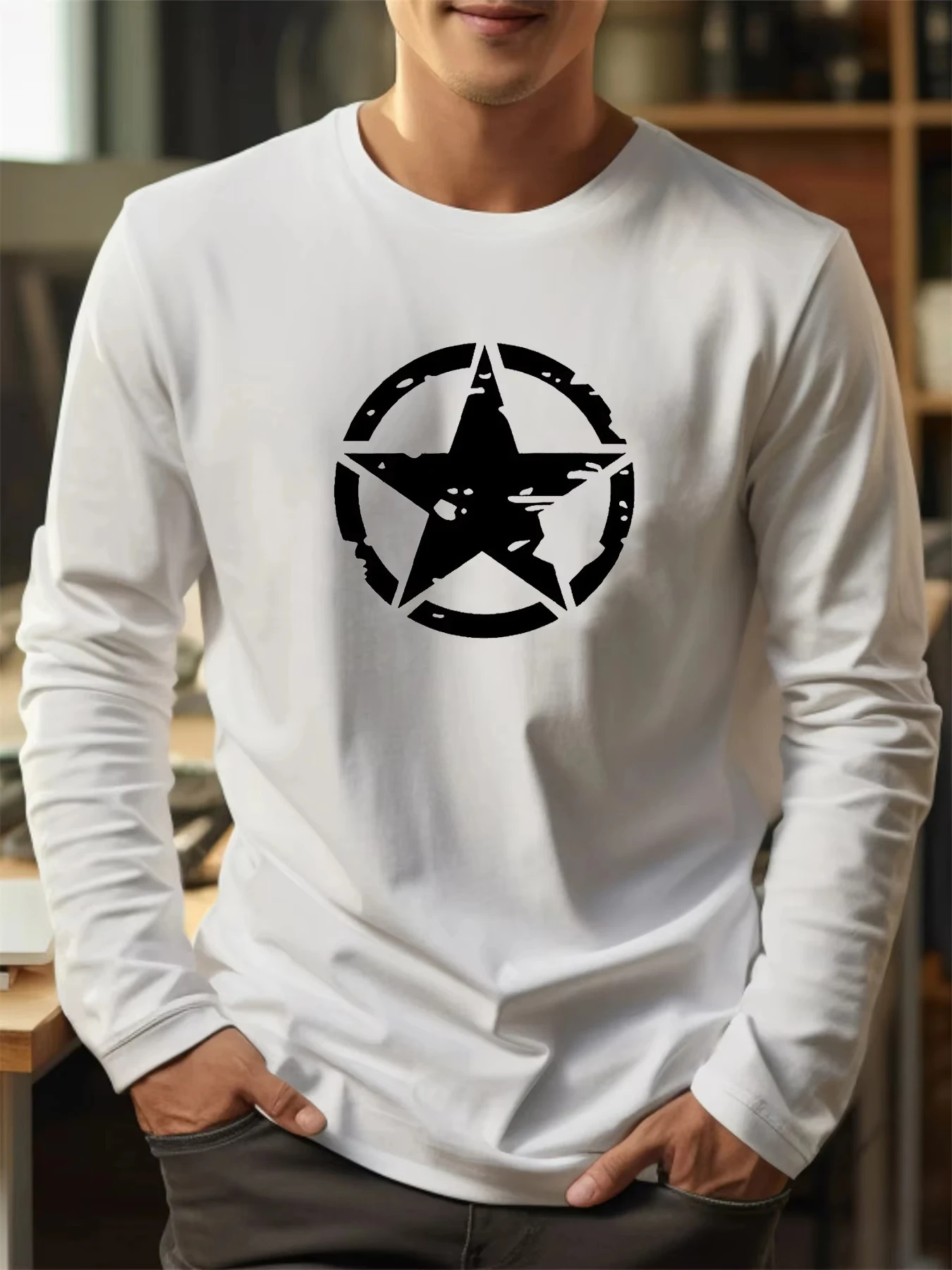 Camiseta con estampado de pentagrama 3D para hombre, camisetas informales de manga larga con cuello redondo, ropa de calle de tendencia, estilo Simple, primavera y otoño, 2026