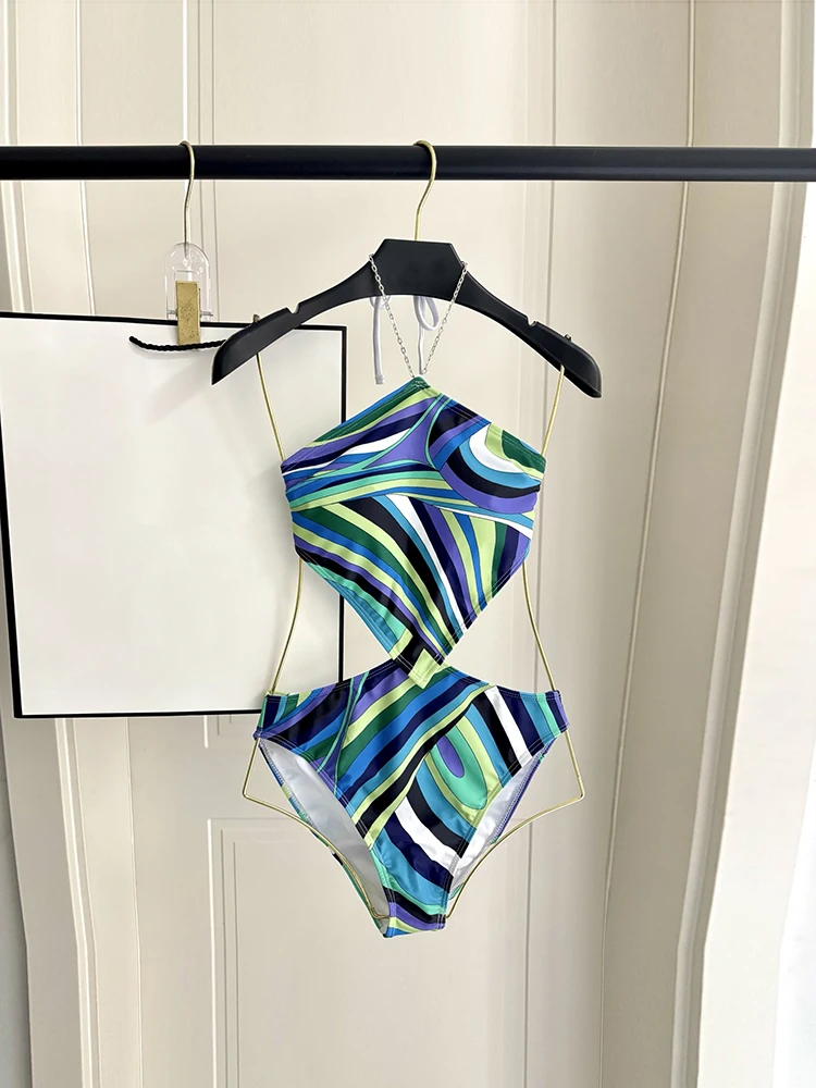 Summer Fashion Beach Resort Geometric Print One-piece Swimming Suit Women's Metal Chain Hang One's Neck Expose Waist Slim Romper