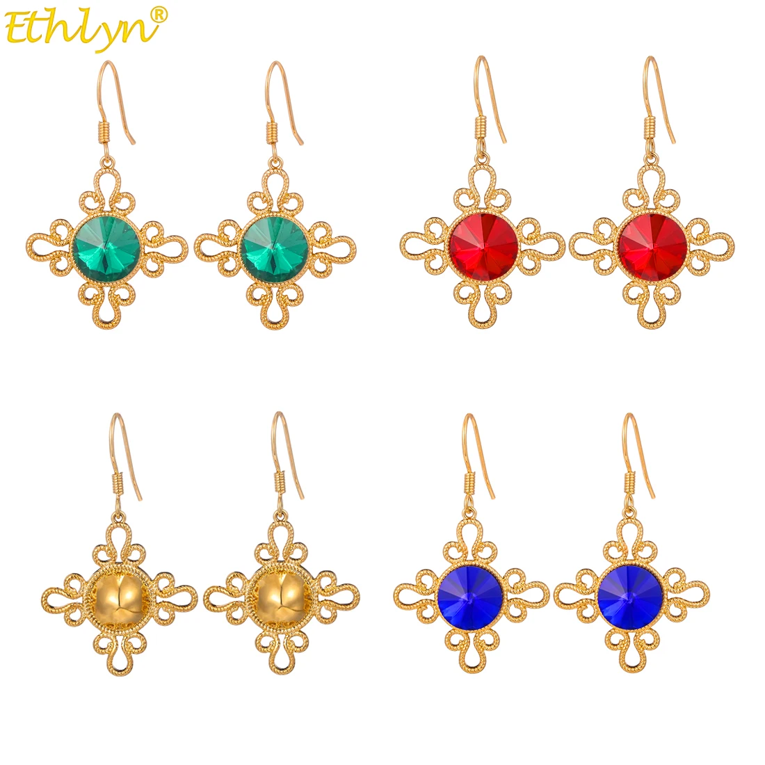 

Ethiopian Eritrean Gold Plated Stones Cross Dangle Earrings Habesha Christmas Festival Jewelry for girls Blessing Gifts MY871