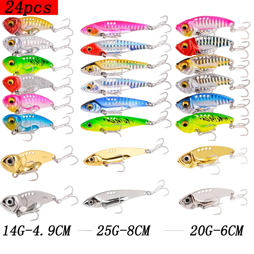 

24pcs/set Mixed Weights 25g 20g 14g Metal Vib Blade Lures Sinking Vibration Baits 3D Eyes Vibe Lure for Fishing Bass Pike Perch