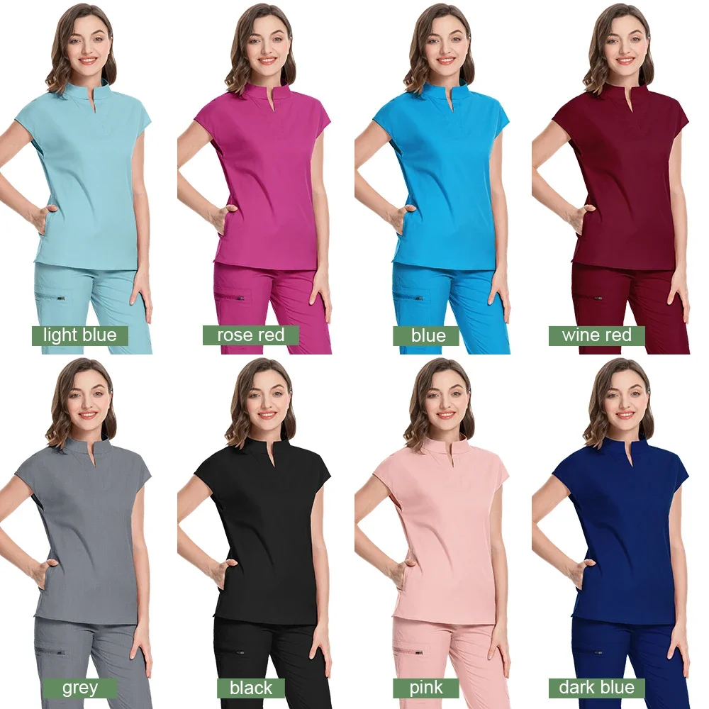 Unisex cor sólida top e calças conjunto, uniforme médico, desgaste cirúrgico do trabalho, roupas confortáveis e respiráveis, novo, atacado