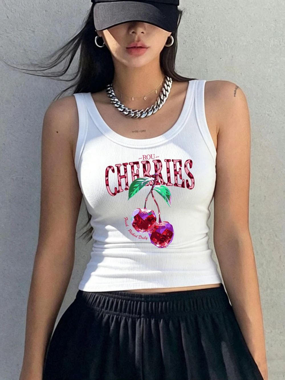 Crystal Cherries Printed Tank Tops Sporty Womens Ribbed Knit Sleeveless Korean Soft Slim Cotton Singlet Summer Y2K O-Neck Vest