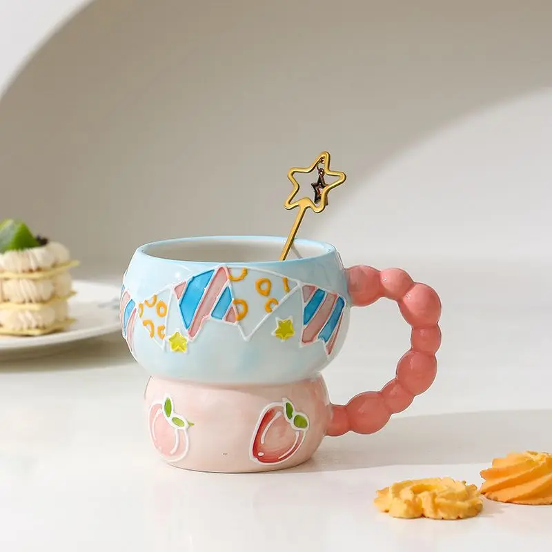 Hand-painted Relief Gourd Ceramic Cup Aesthetic Value, Breakfast Large Capacity, Cute Oatmeal Mug, Home Drinking Wate Drinkware