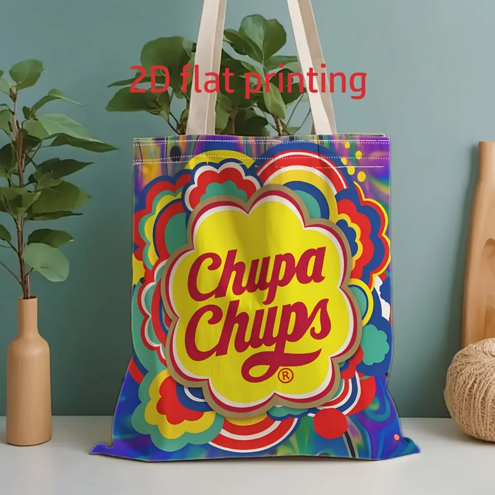 1 bolsa de compras con logotipo retro de Chupa Chups, diseño floral psicodélico, adecuada para uso diario, compras, un divertido regalo nostálgico para los amantes de los dulces.
