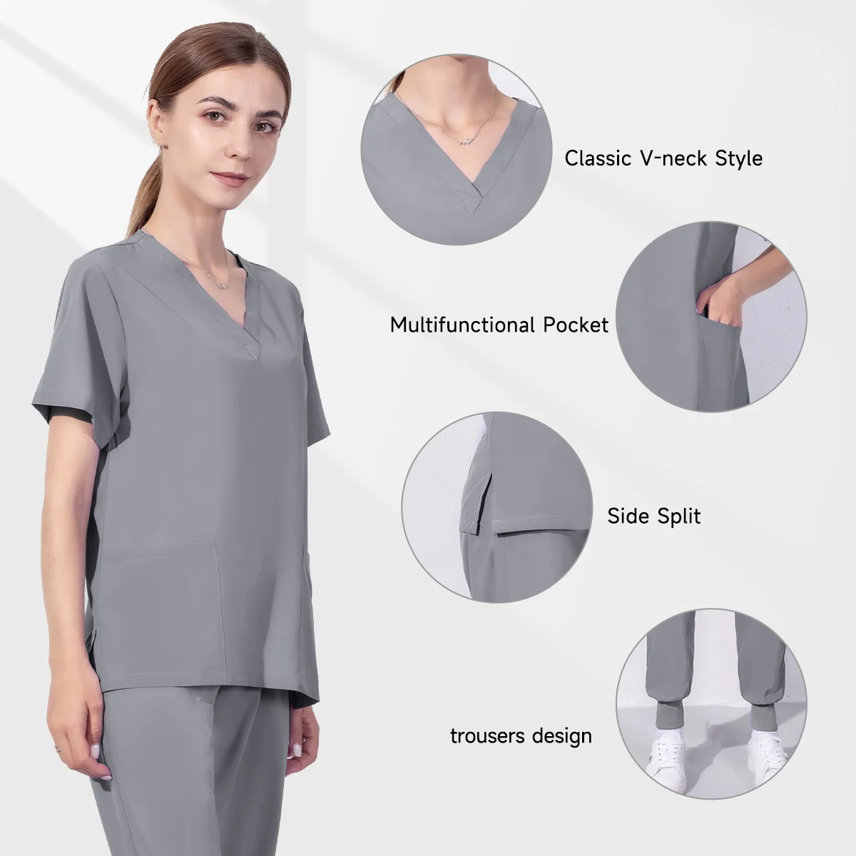 Solid Color Nursing Scrubs Women Uniforms Elasticity Pet Clinic Nurse V-Neck Medical Hospital Doctor Working Clothing Wholesale