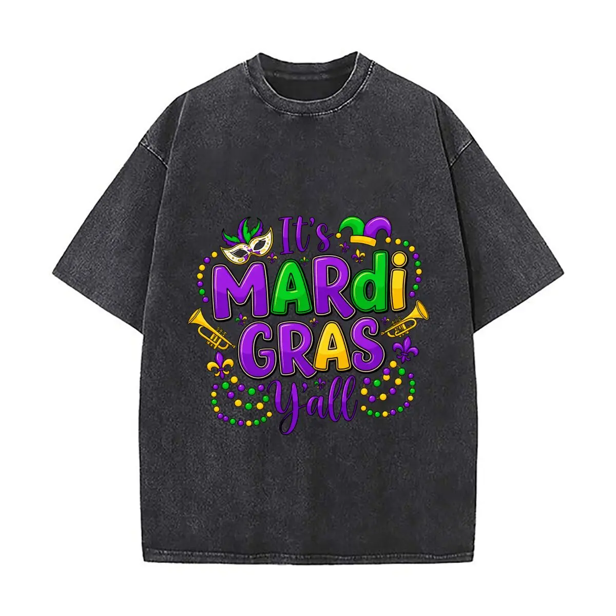 Its Mardi Gras Yall Jester Mask Beads Trumpets Fleur De Lis Washed Vintage Short Sleeve Loose Streetwear Tee