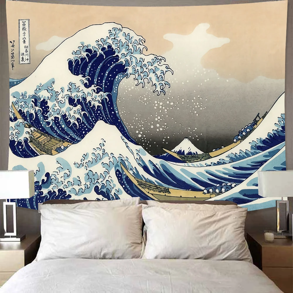 Home Decoration Japan Mount Japanese Tapestry Art Printed  Kanagawa Big Wave Wall Hanging Decorative