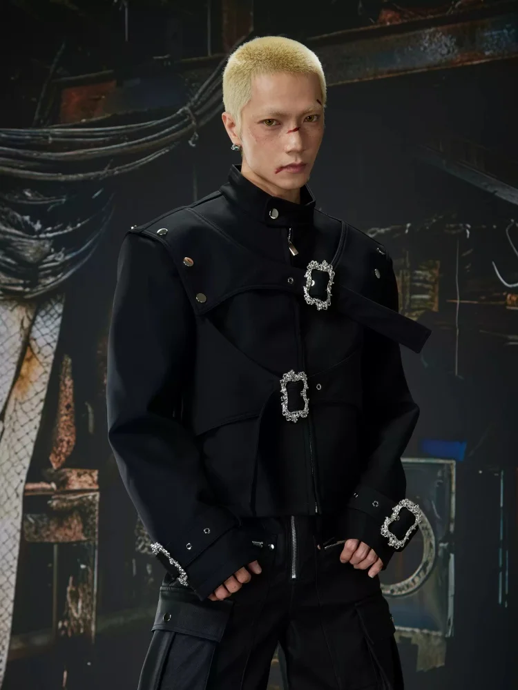 

American New Style High Quality Fashionable Loose Daily Dark Niche Belt Short Leather Deconstruction Jacket Coat For Man