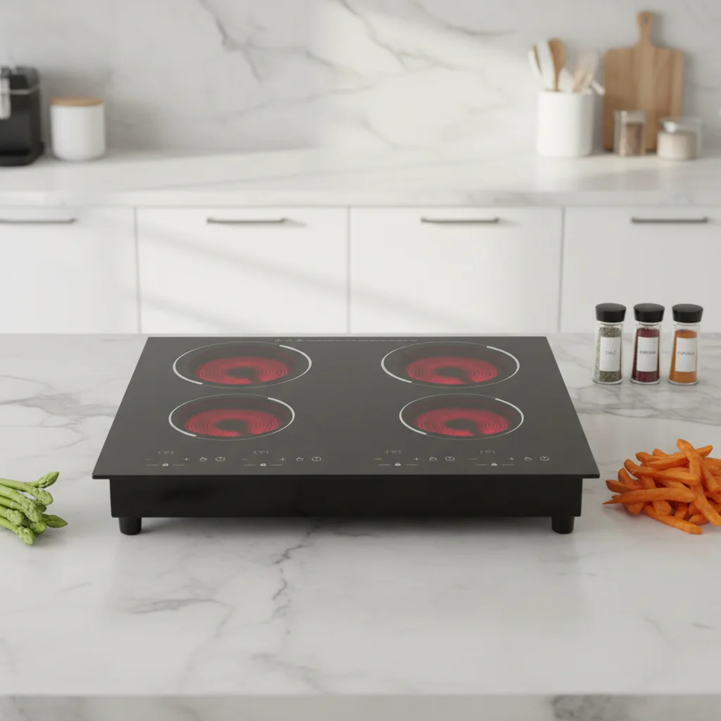 Built-in four electric furnaces, touch control, glass shell, waterproof, suitable for outdoor, family and hotel use, with frying