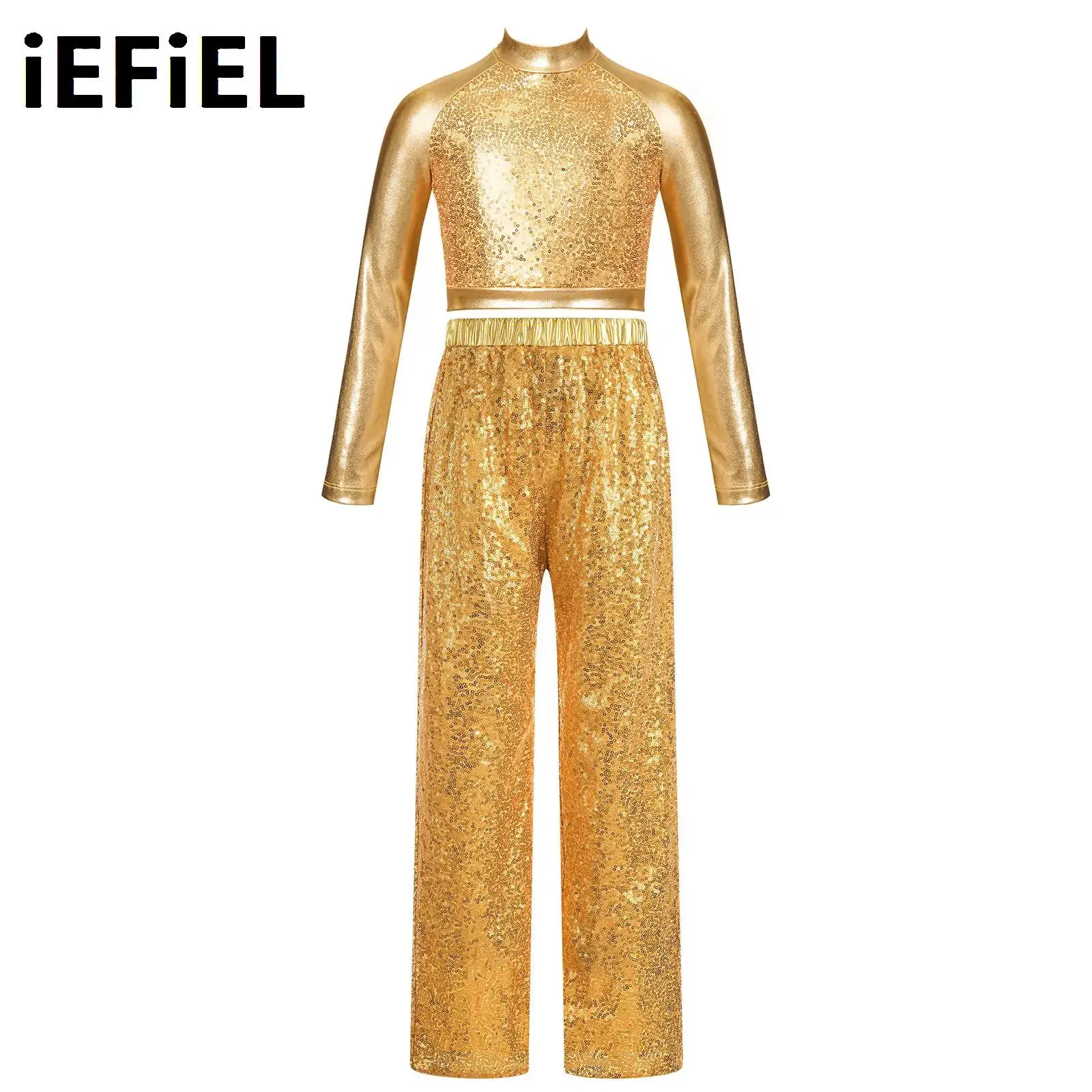 

Kids Sequins Dance Sets Girls Sparkly Costume Mock Neck Long Sleeve Crop Top with High Waist Wide-Leg Pants