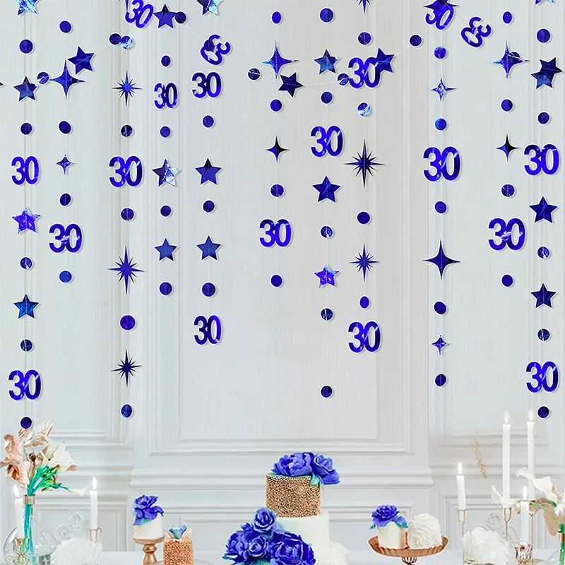 Navy Blue 30th Birthday Decorations Number 30 Circle Dot Twinkle Star Garland  Streamers Dirty Thirty Anniversary Party Supplies