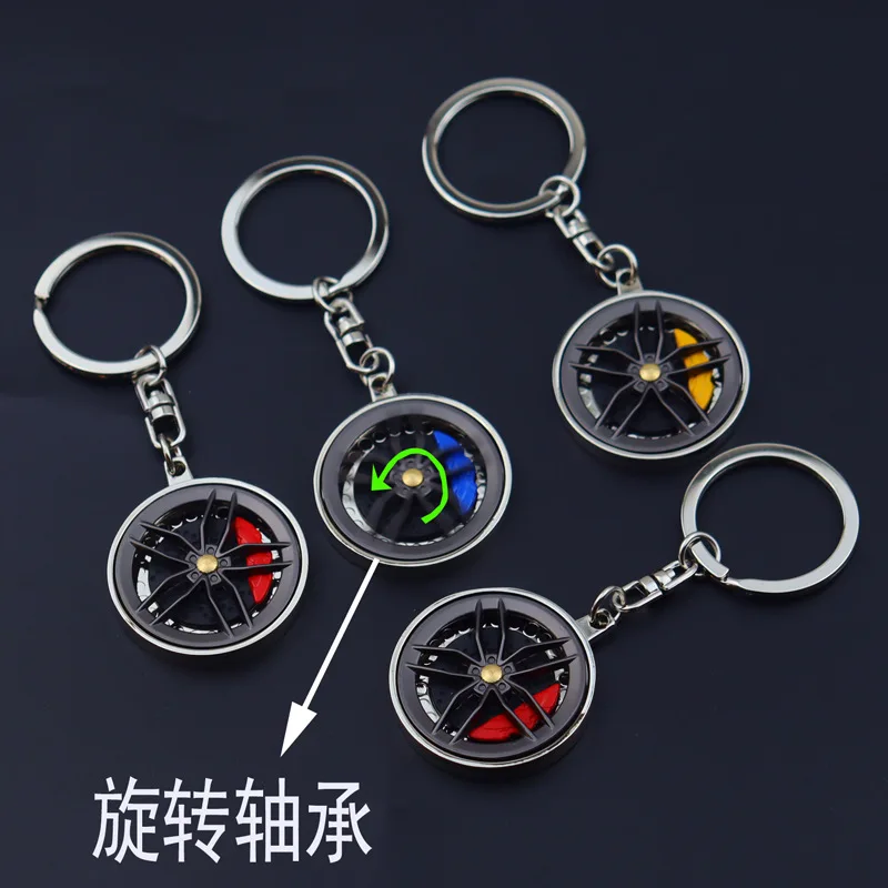 3D Rotating Car Wheel Hub Keychain - Zinc Alloy Metal Brake Disc & Caliper Spinner Keyring for Auto Lovers & Fidget Toy Gift