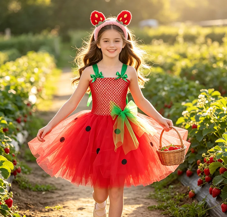 Red Cute Strawberry Sweet Style Tutu Dress With Fluffy Headband Hair Clip Outfit Halloween Party Daily Casual Performance Wear