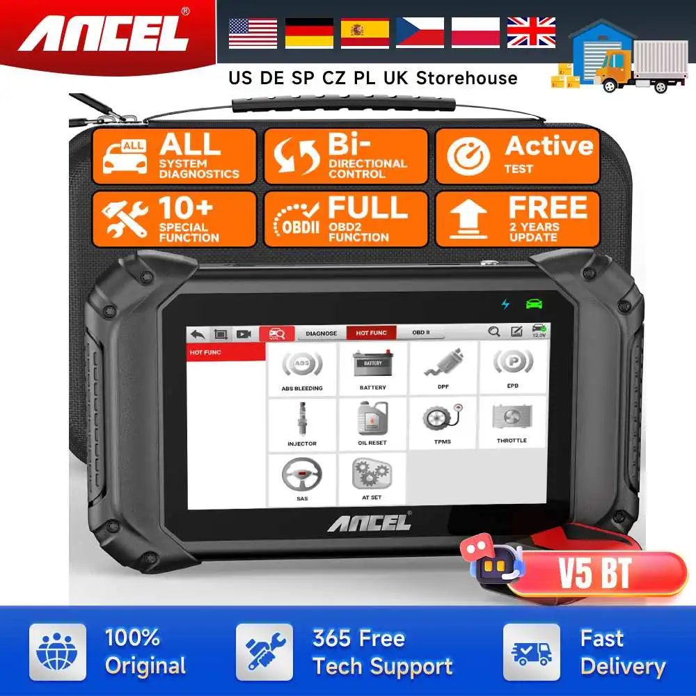 

Диагностический сканер OBD2 с двунаправленным управлением, поддержкой CAN FD/DOIP, для всех систем, 15+ функций сброса, ANCEL V5 BT