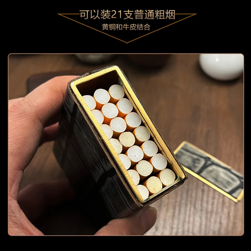 Handmade Cowhide Leather Brass Cigarette Case for 20 Cigarettes, Retro Metal Tobacco Case, Storage Box, Lighter Accessories