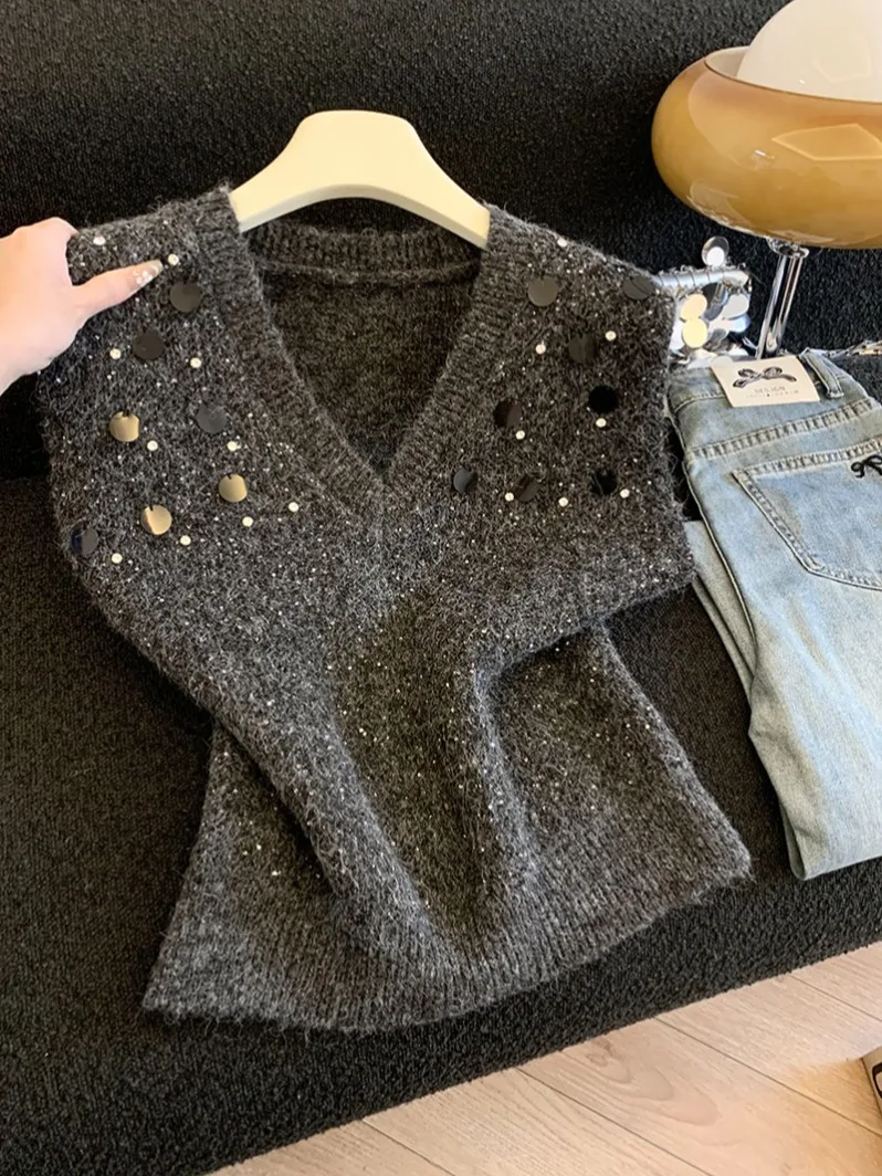 

Retro ey V-Ne Beaded Sequin Svel Knitted Vest Women's Spring New High-End Feel oulder Sweater Ci Walk Sle