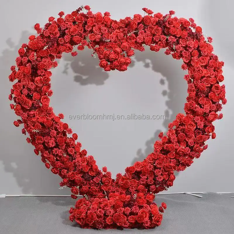 A97 Custom Wedding Arch Background Floral Runner Arch Decorative Heart Bracket Faux Red Rose Flower Heart Arch for Proposal