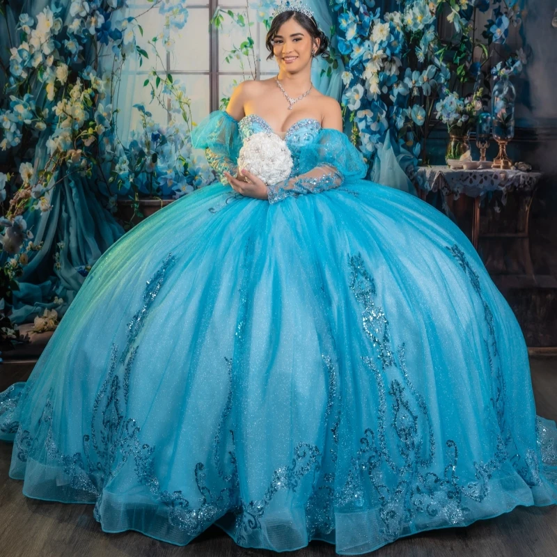 

Blue Shiny Quinceanera Dresses Ball Gown Off The Shoulder Sequin Applique Lace Beading Crystal Tull Corset Party Birthday Sweet