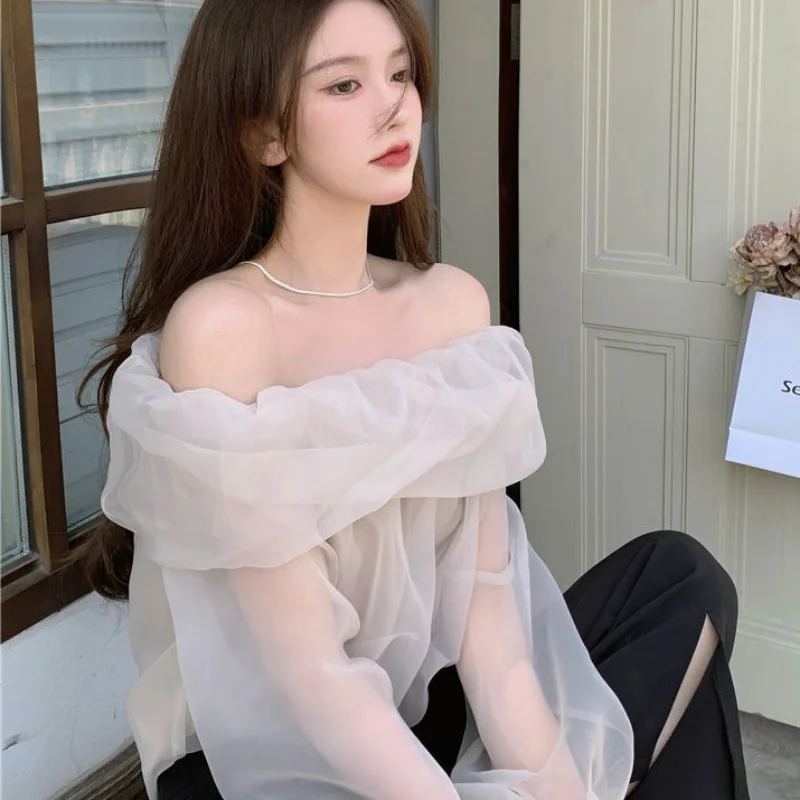 Blouses Women Mesh Slash Neck Solid Flare Sleeve Korean Fashion Style Daily Basic Sweet Design All-match Classic Summer Popular