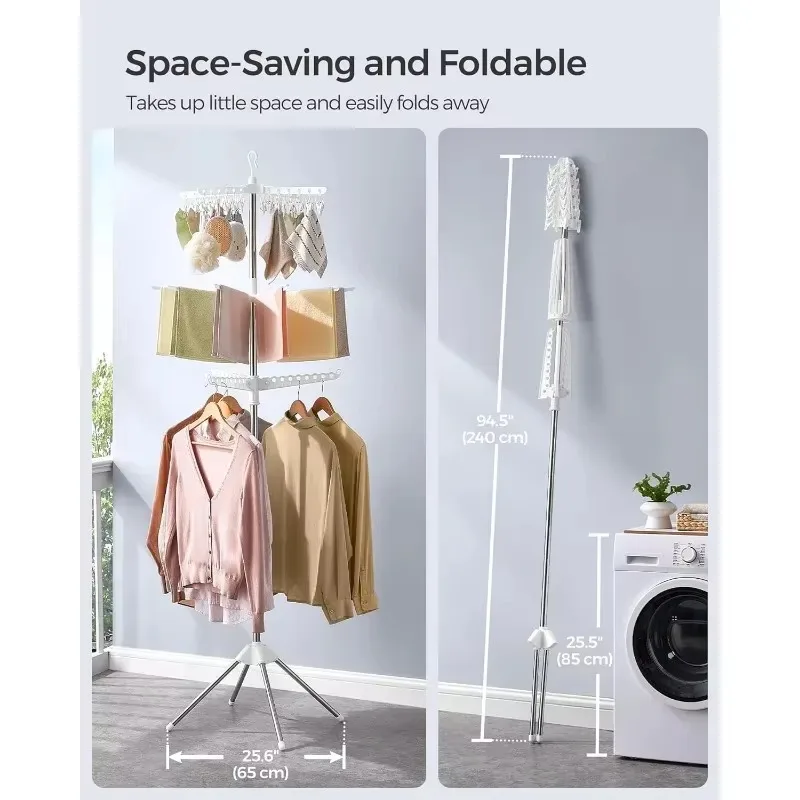 3-Tier Clothes Drying Rack, 82.7-Inch Folding Laundry Drying Rack with 11 Rotatable Arms for Hangers, 24 Clips, Stainless Steel