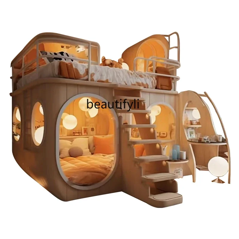 Hotel Homestay Bed with Light Effect Solid Wood Bunk Bed Double Layer Space Capsule Bed