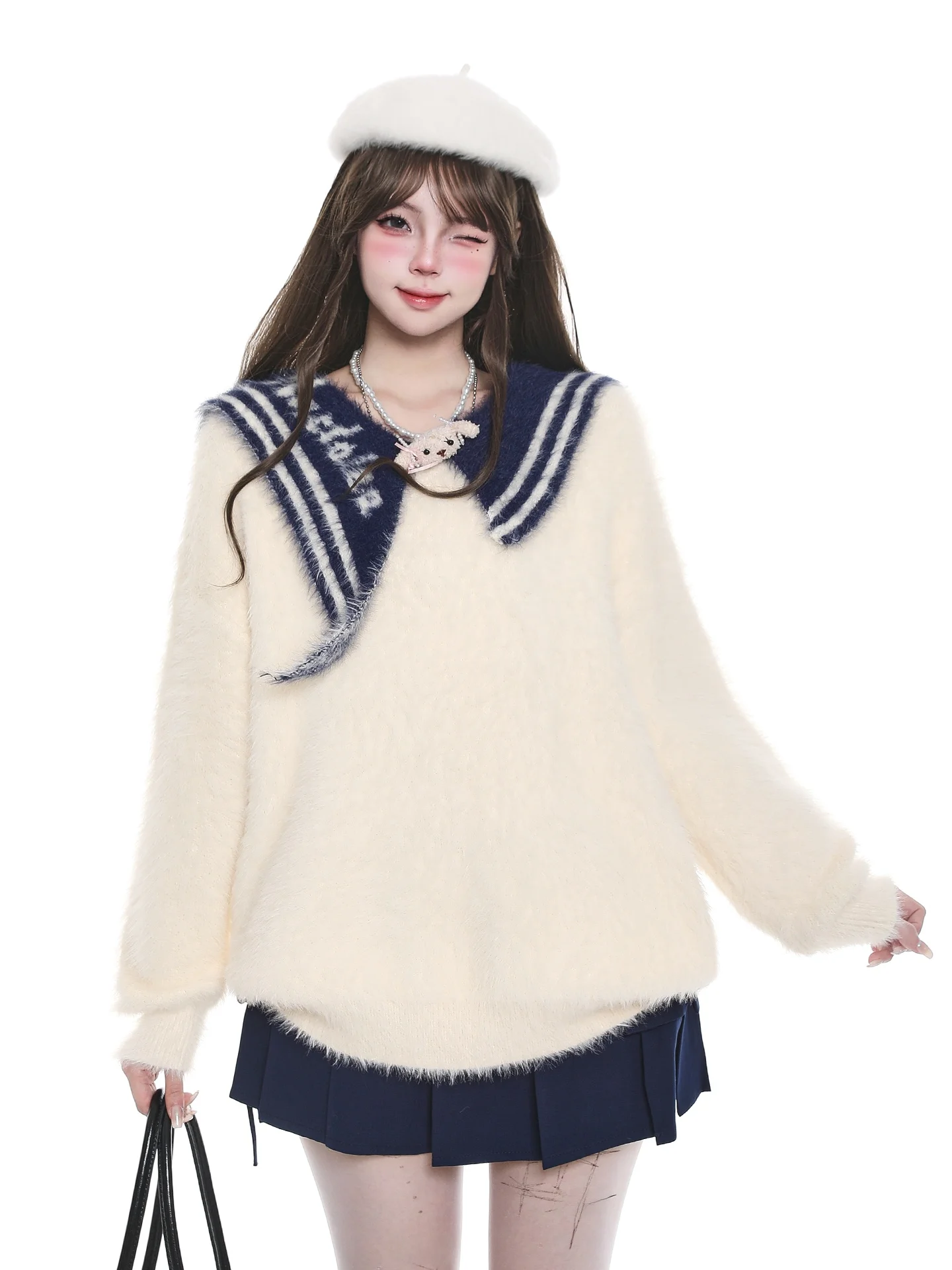 

Милый студенческий пуловер с темно-синим воротником, свитер, пальто, женский осенний модный норковый бархатный свободный теплый вязаный топ