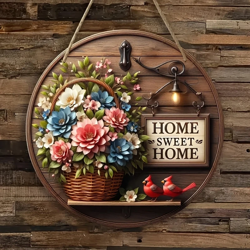 2D Spring Floral Wreath Wooden Round Wall Art 8inch Extra Decoration, Suitable for Bars, Cafes, Beach Houses, Backyard—Decorative Ruler Theme