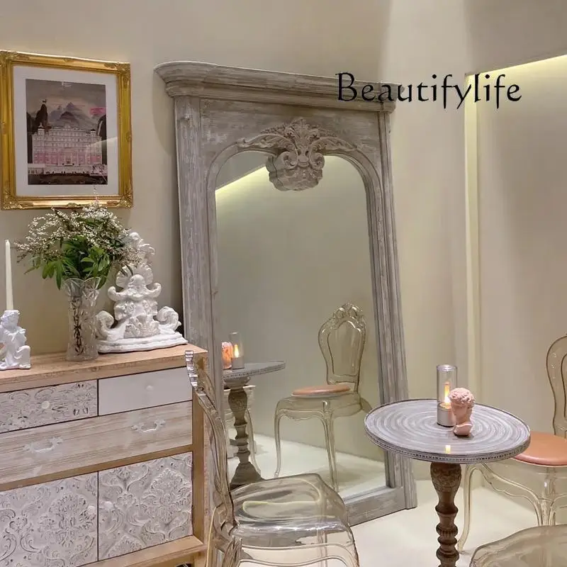 European retro full-length mirror clock in medieval floor mirror American carved full-length mirror wall fitting