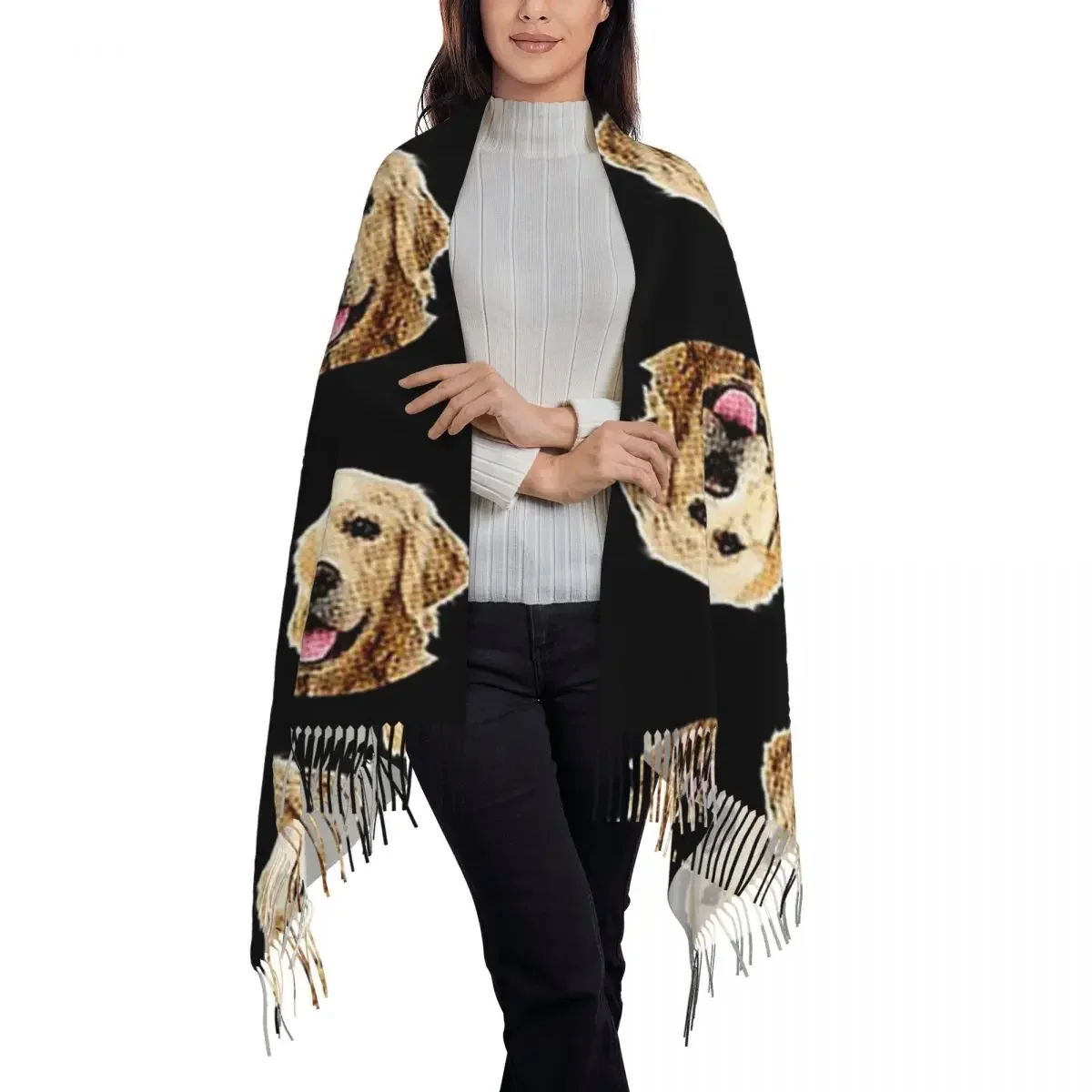 Funny Golden Retriever Face Portrait Scarf Tassel Scarves Women Soft Warm Shawls and Wraps Long Fall Winter Shawl Wrap