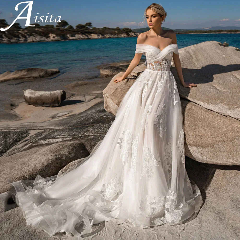 Fata al largo della spalla abito da sposa Sweetheart Lace Appliques Court Train abito da sposa pieghe senza schienale Beach Vestidos De Novia