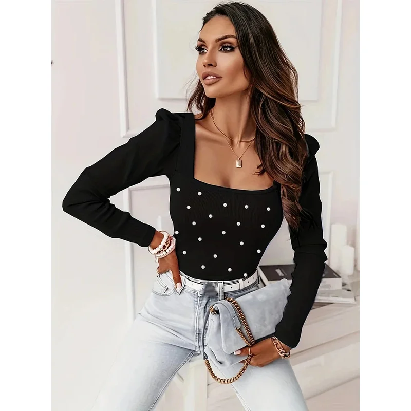 تي شيرت جديد لعام 2025 للنساء محبوك بأكمام طويلة بلوفرات وردية وياقة مربعة قمصان وبلوزات شتوية YBear House 002