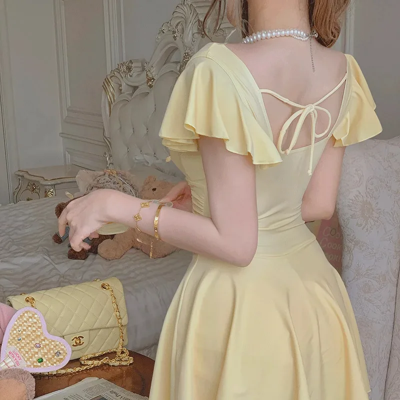 สีทึบตกแต่งโบว์กระโปรงชิ้นเดียวชุดว่ายน้ําผู้หญิงห้องพักช่วงวันหยุดชุดว่ายน้ํา 2025 ใหม่ Cover Ups สําหรับชุดว่ายน้ําผู้หญิง