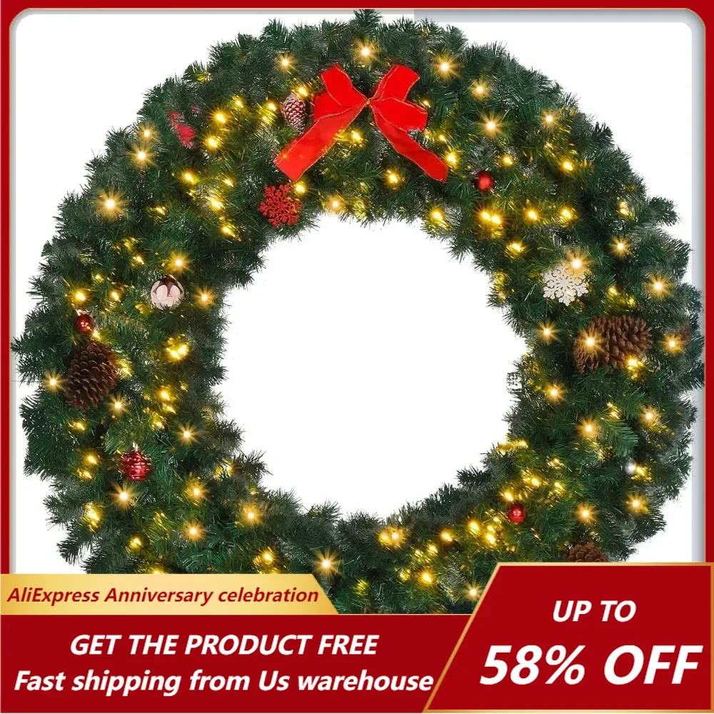 48 Inch Pre Illuminated Artificial Christmas Wreath Decoration with 150 LED Lights and 450 PVC Pillars, Christmas Door Wreath