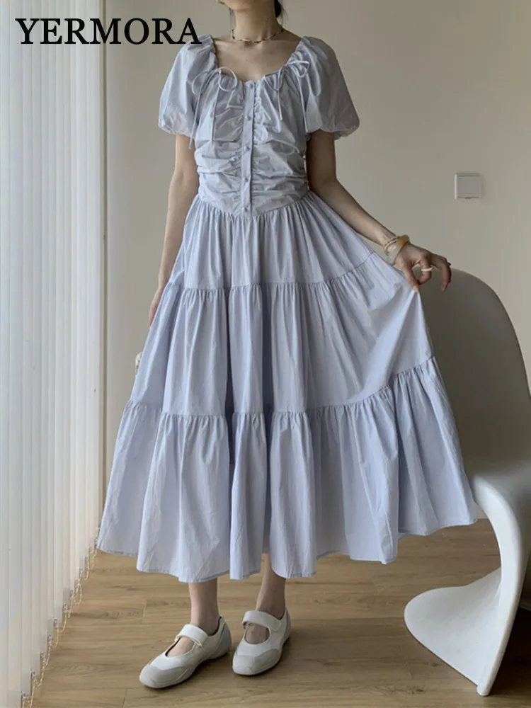 

YERMORA Women Blue Pleated Bandage Elegant A-line Dress Square Puff Short Sleeve Loose Fashion Tide Spring Summer 2025 New