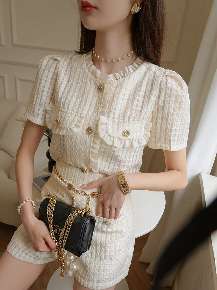 Aoi Summer Y2k White Lattice Fashion Two-Piece Set Women Socialite Elegant Relief Cardigan Tops+Empire Waist Shorts Skirt Suit