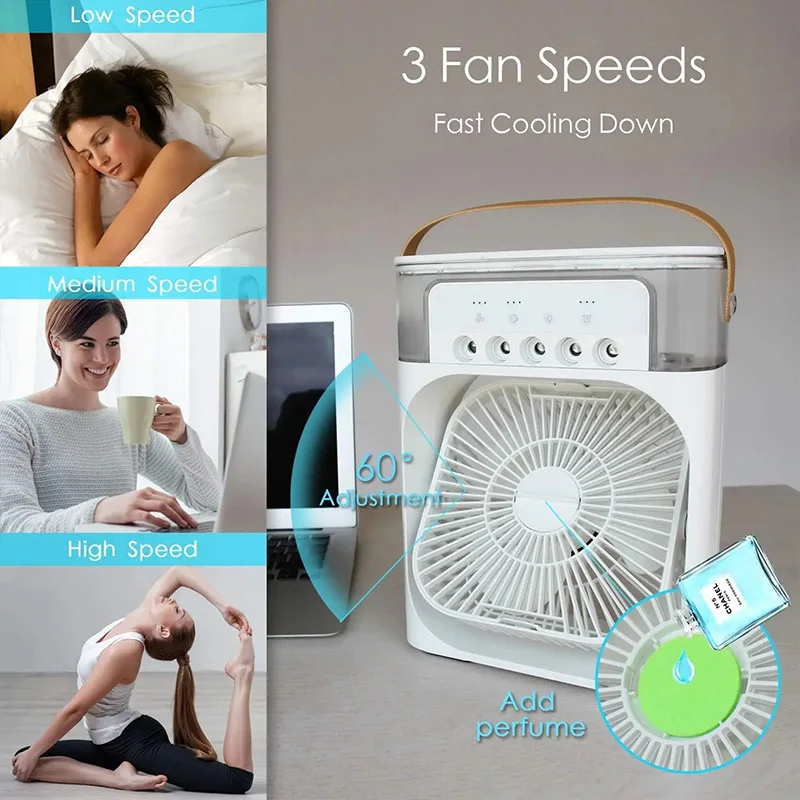 Ventilador portátil 3 en 1, aire acondicionado, Enfriador de aire pequeño para el hogar, luces LED nocturnas, humidificador, ajuste de aire, ventiladores para el hogar, triangulación de envíos