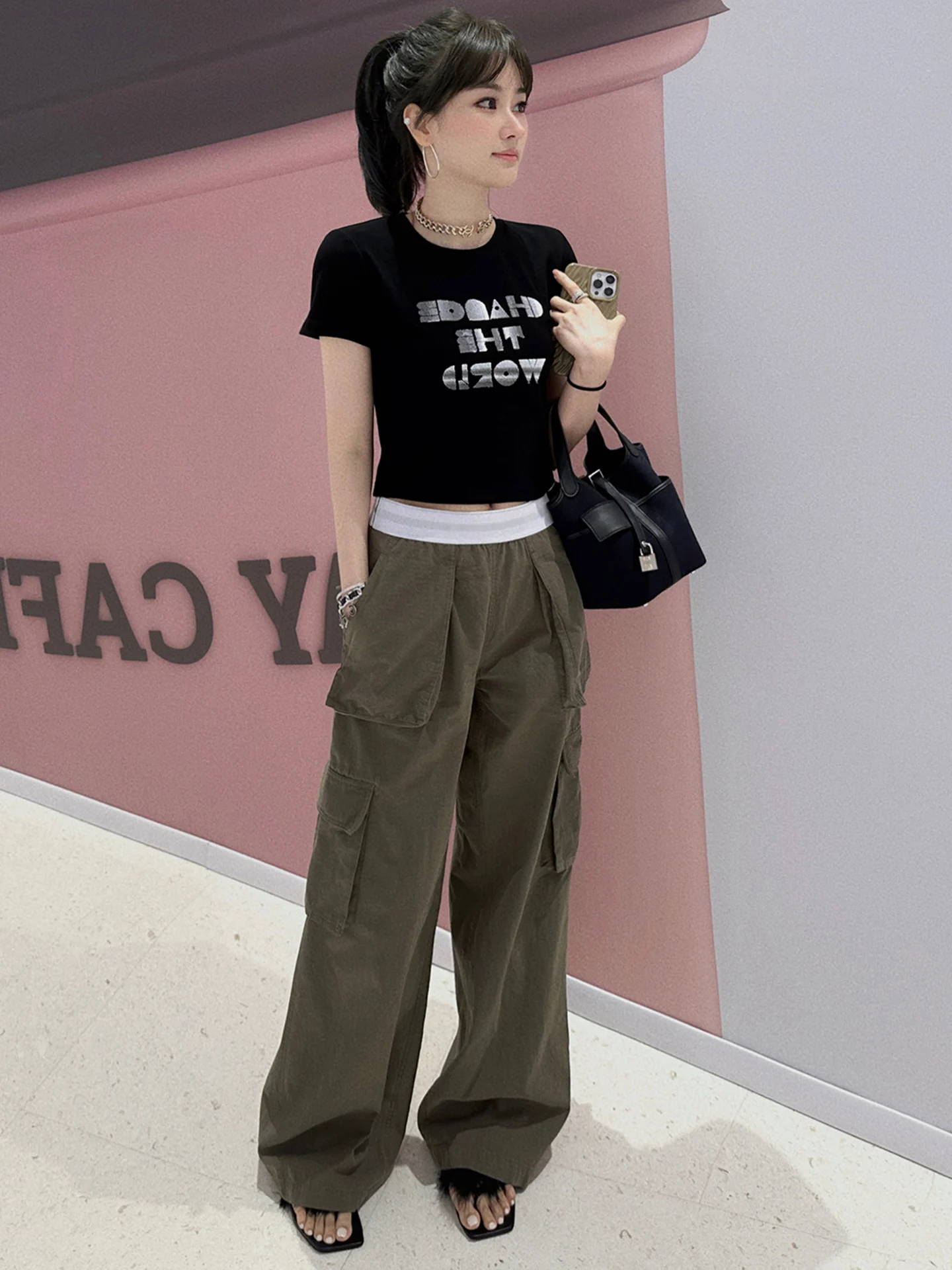 

Fashionable American Style Sweet And Spicy Casual Work Pants High Waist Wide Leg Floor Length Trousers for Women