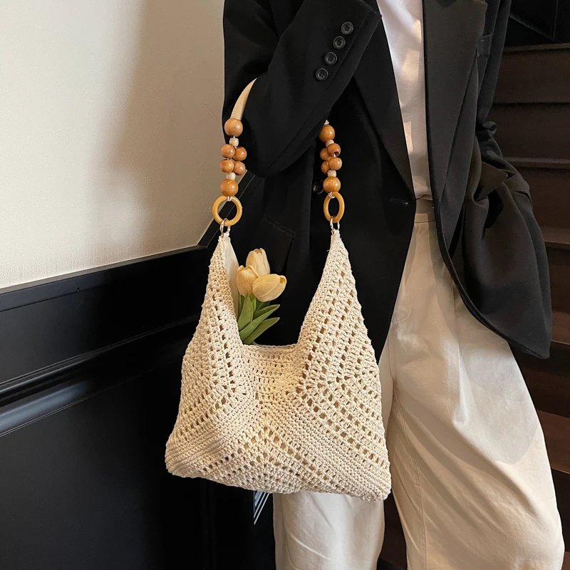 

Новая китайская большая женская пляжная сумка Capaci, вязаная большая сумка с деревянными бусинами, весна 2025, тканая большая сумка с элементами мои