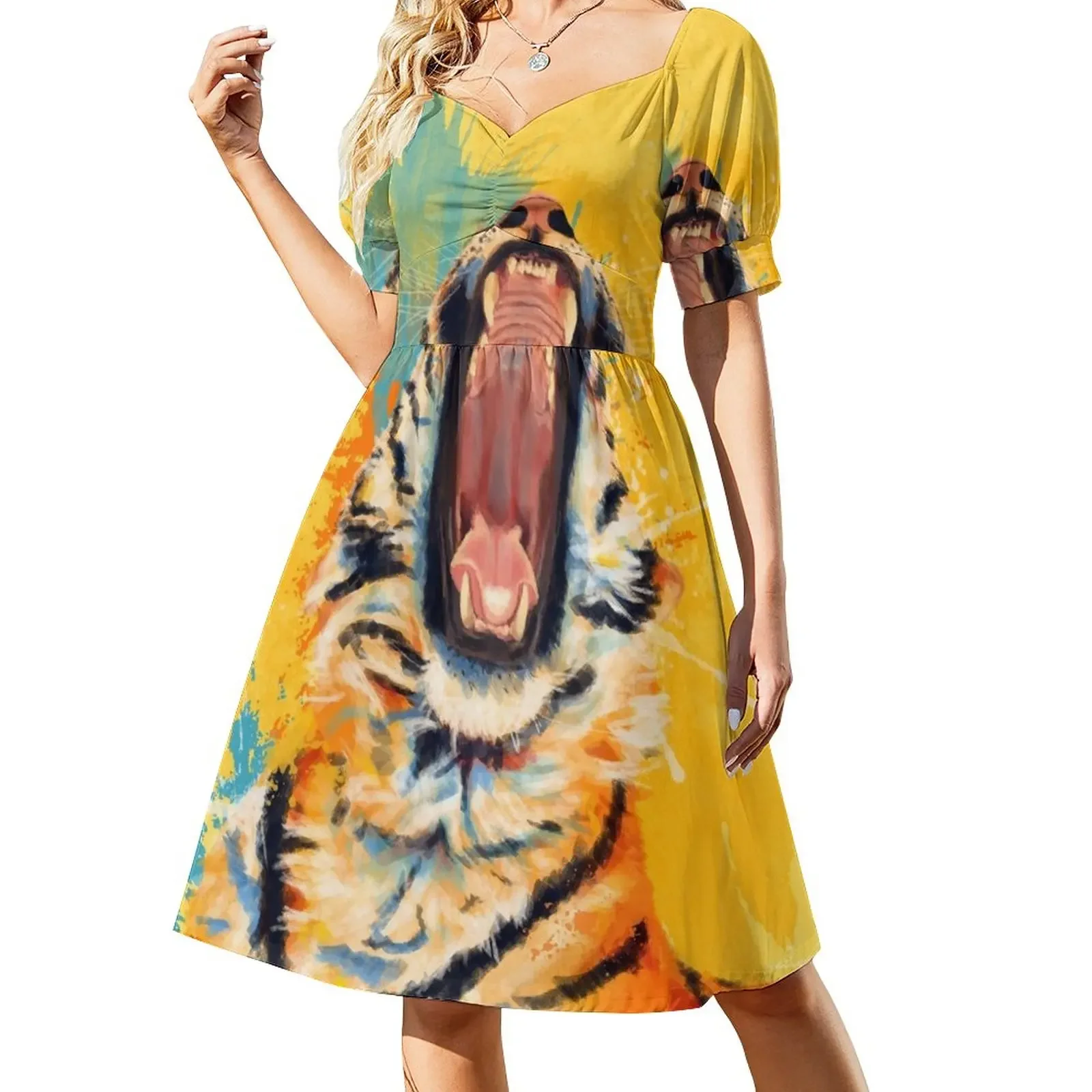 

Wild Yawn - Tiger portrait, colorful tiger, animal illustration Sleeveless Dress long sleeve dresses Woman dresses