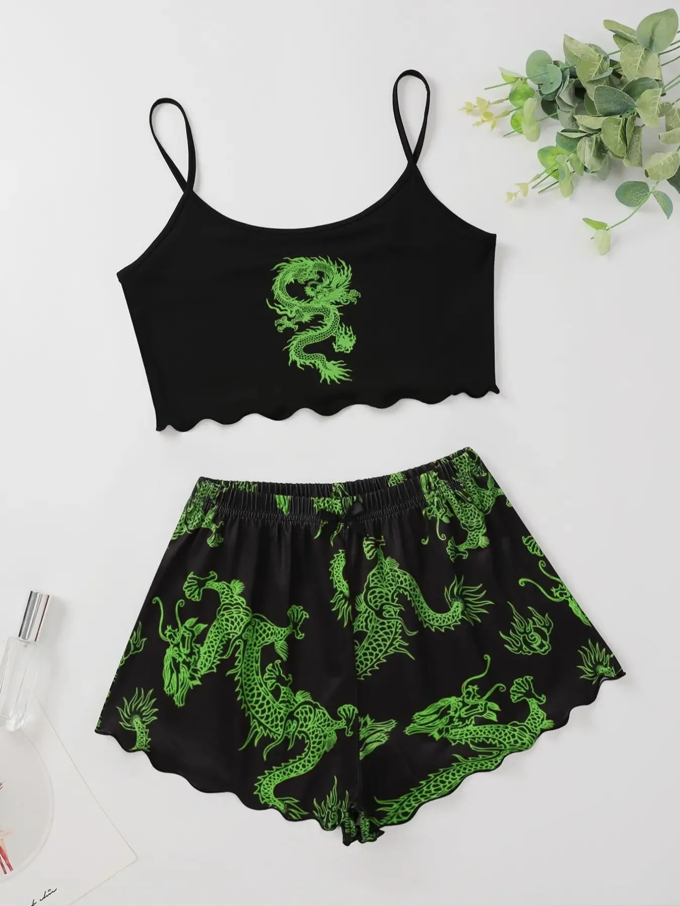 Halloween Pajamas Set for Women Nightwear Sexy Dragon Printed Vest Halter Top Shorts Suit Homewear Sleepwear Loungewear