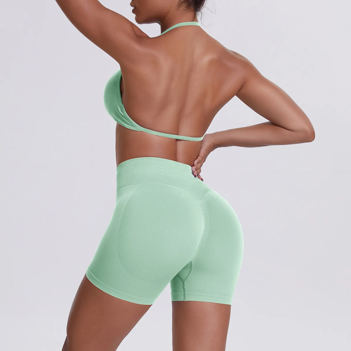 

Ningyu Solid Color bra Yoga Set Women's High Waist Peach hip Sport Shorts Suspender Beautiful back Neck Hanging Fitness Yoga Set