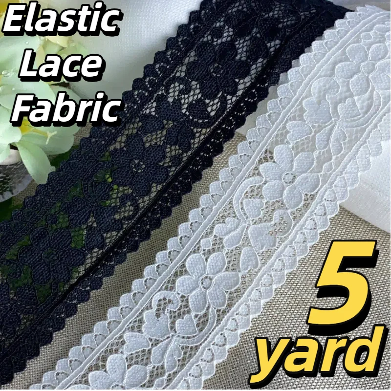 5 Yard Stretch Elastic Lace Trim, 2.4 Inches Wide for Sewing, Costume, Dancewear, Corset, DIY Crafts - Black / White