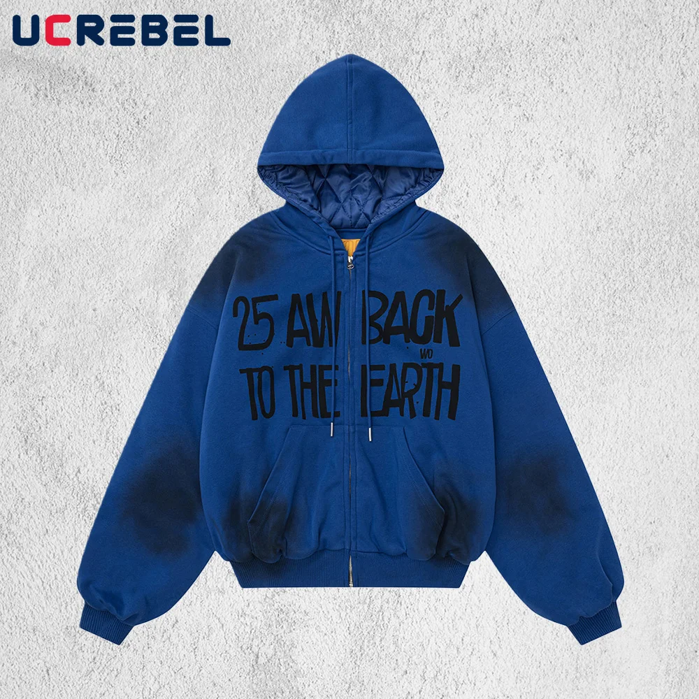 

Letter Print Faded Quilted Jacket Mens Washed Distressed Autumn Winter High Street Pocket Long Sleeve Hooded Thick Outerwear Man